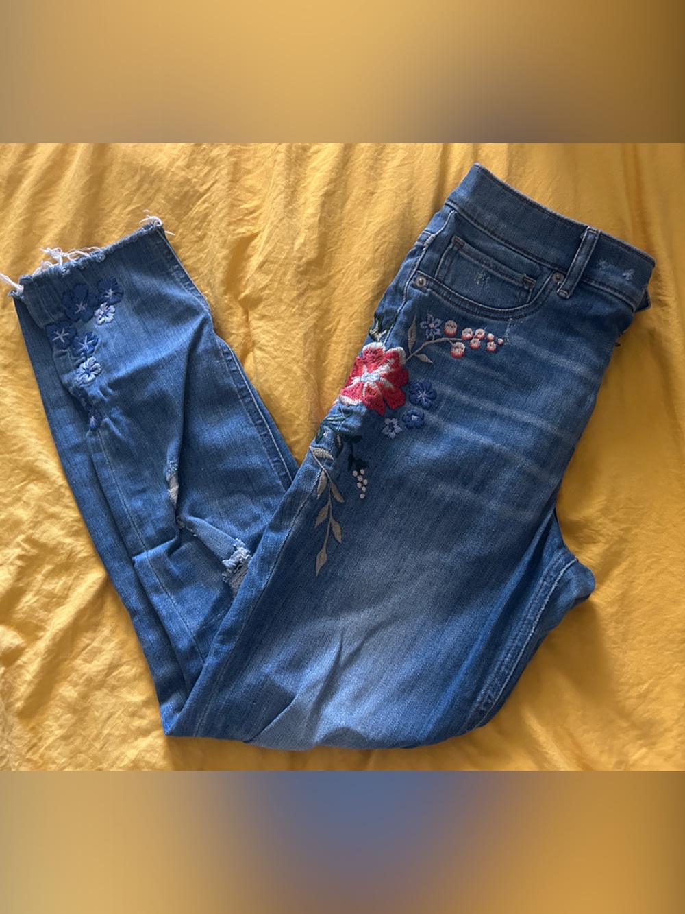 Express Blue Embroidered Boyfriend Jeans with Red Floral Detail